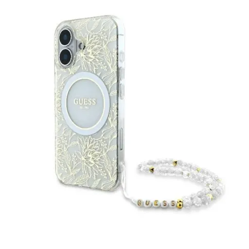 Guess IML Flowers Allover Electro Pearl Pánttal MagSafe tok iPhone 16 Plus - fehér