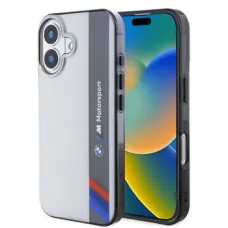 BMW IML Motorsport függőleges csíkos tok iPhone 16 Plus szürke