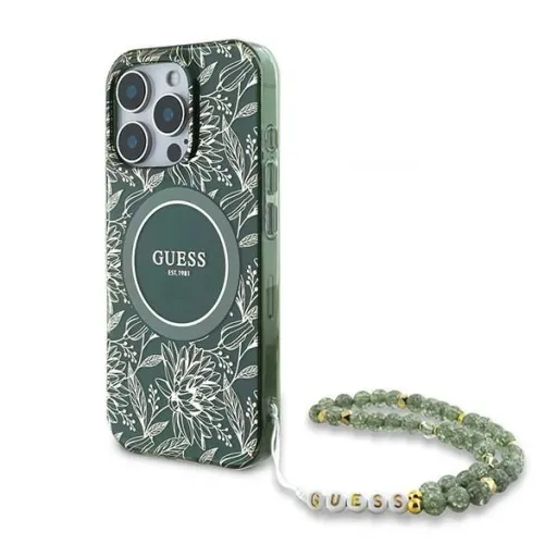 Guess IML Flowers Allover Electro Gyöngypántos MagSafe tok iPhone 16 Pro - zöld