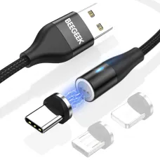 BeeGeek AM60 USB kábel 1M 3A 18W QC 3.0 gyorstöltés USB-C, Type-C mágneses fejjel, 1m fekete