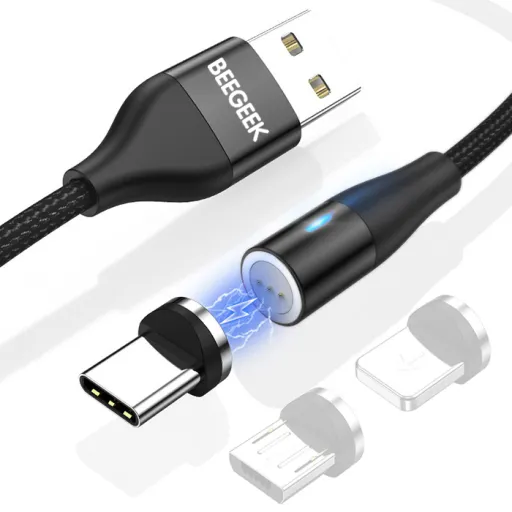 BeeGeek AM60 USB kábel 1M 3A 18W QC 3.0 gyorstöltés USB-C, Type-C mágneses fejjel, 1m fekete