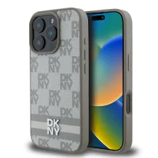 DKNY PU Bőr Kockás Minta és Csíkos Tok iPhone 16 Pro Max Bézs