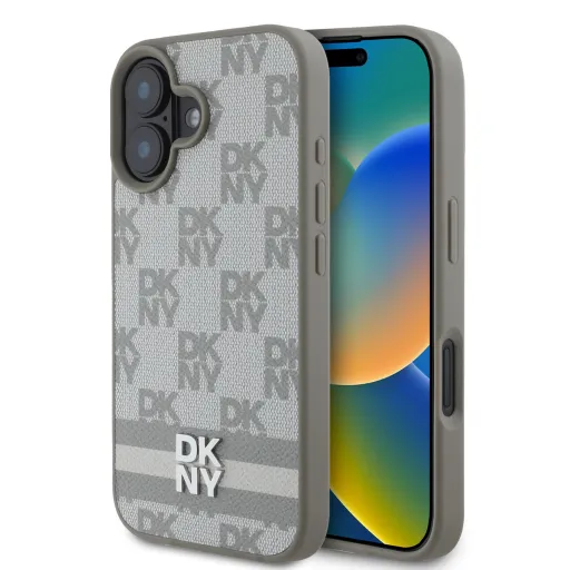 DKNY PU Bőr Kockás Minta és Csíkos iPhone 16 Tok Bézs