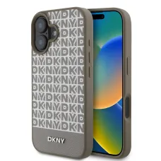 DKNY PU bőr ismétlődő mintás alsó csíkos MagSafe tok iPhone 16-hoz barna