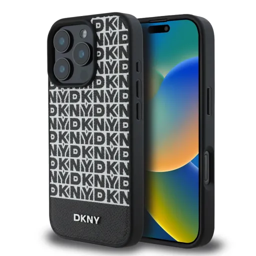 DKNY PU bőr ismétlődő mintás alsó csíkos MagSafe tok iPhone 16 Pro fekete