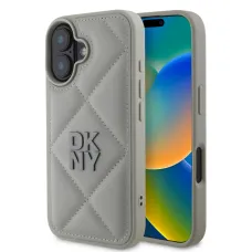 DKNY PU Bőr Steppelt Logós Tok iPhone 16 Szürke