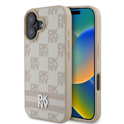 DKNY PU bőr kockás mintás és csíkos tok iPhone 16-hoz rózsaszín