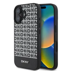 DKNY PU Bőr Ismétlődő Minta és Alsó Csík MagSafe iPhone 16 Tok Fekete