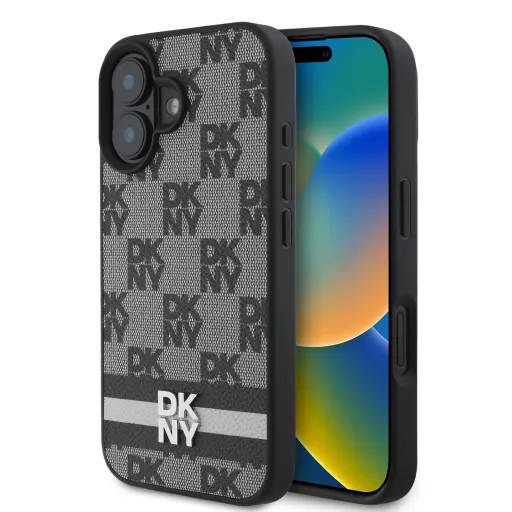 DKNY PU bőr kockás mintás és csíkos tok iPhone 16-hoz, fekete