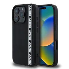 DKNY 3D Gumi Ismétlődő Logós Vonaltok iPhone 16 Pro-hoz Fekete