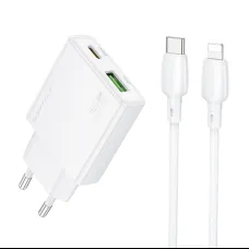 Borofone fali töltő BN25 Wish - USB + Type-C - PD QC 3.0 30W Type-C to Lightning kábellel fehér