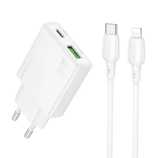 Borofone fali töltő BN25 Wish - USB + Type-C - PD QC 3.0 30W Type-C to Lightning kábellel fehér