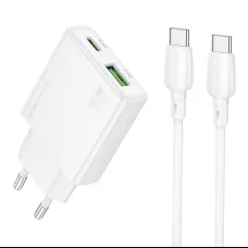 Borofone fali töltő BN25 Wish - USB + Type C - PD QC 3.0 30W Type C - Type C kábellel fehér