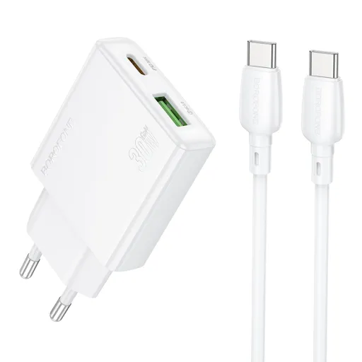 Borofone fali töltő BN25 Wish - USB + Type C - PD QC 3.0 30W Type C - Type C kábellel fehér