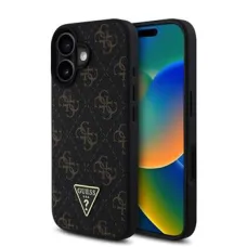 Guess PU Bőr 4G Háromszög Fém Logós tok iPhone 16 Fekete