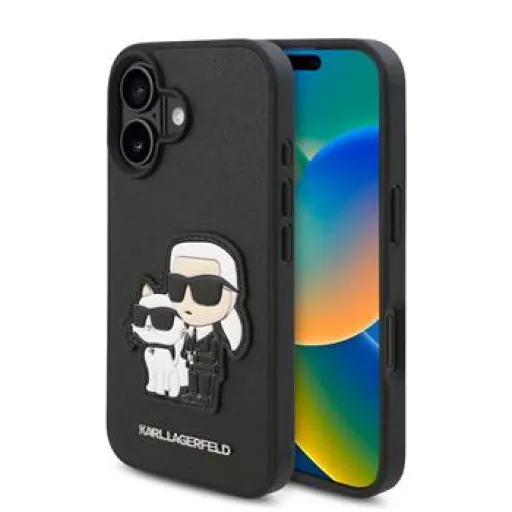 Karl Lagerfeld PU Saffiano Karl és Choupette tok iPhone 16 Plus Fekete