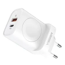VEGER utazó töltő USB A + Type C + vezeték nélküli töltő kompatibilis Apple Watch PD QC3.0 3A 25W W002E fehér