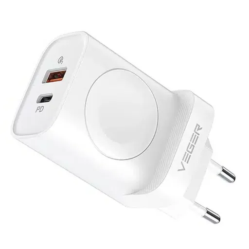 VEGER utazó töltő USB A + Type C + vezeték nélküli töltő kompatibilis Apple Watch PD QC3.0 3A 25W W002E fehér