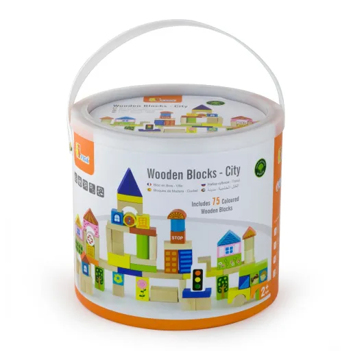 Fából készült város építőkockák dobozban (75 db) gyerekjáték