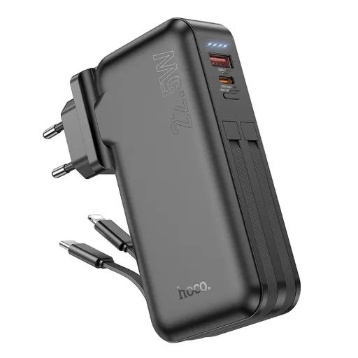 HOCO powerbank 10 000 mAh beépített EU / US aljzattal és Type C + Lightning kábelekkel QC PD 3A 22,5W J126 fekete