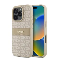 DKNY PU bőr ismétlődő minta tónusú csík tok iPhone 16 Pro-hoz rózsaszín tok