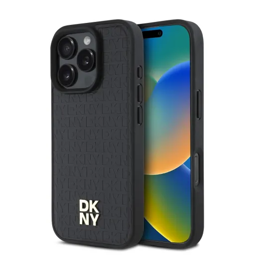 DKNY PU bőr ismétlődő mintázatú logó MagSafe tok iPhone 16 Pro fekete tok