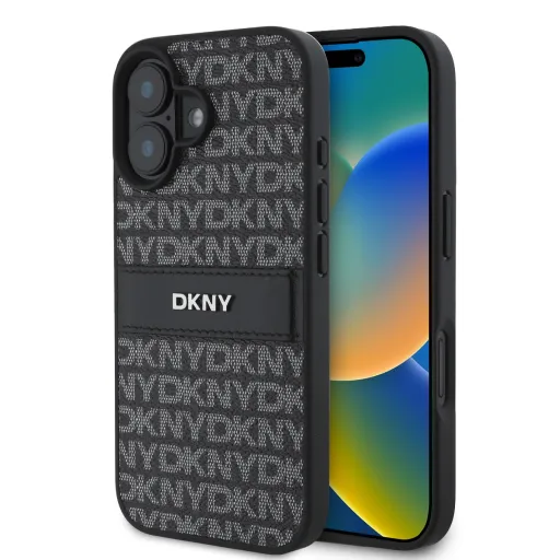 DKNY PU bőr ismétlődő mintás tónusos csíkos tok iPhone 16 Plus fekete tok