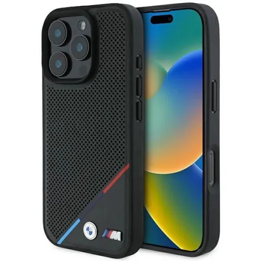 BMW M Perforated Tricolor Line MagSafe tok iPhone 16 Pro - Fekete BMW M Perforated Tricolor Line MagSafe tok iPhone 16 Pro - Fekete