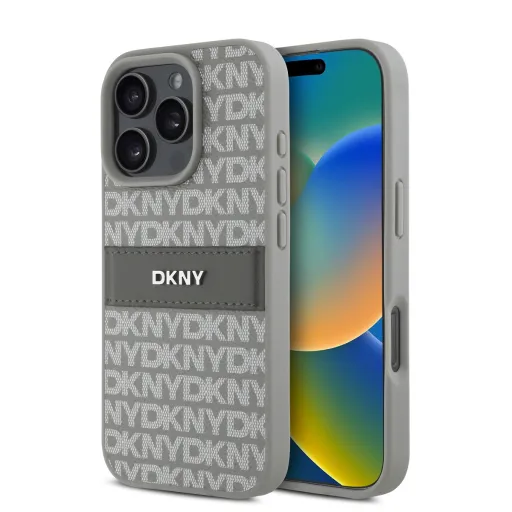 DKNY PU Bőr Ismétlődő Minta Tonális Csík Tok iPhone 16 Pro Maxhoz Bézs tok