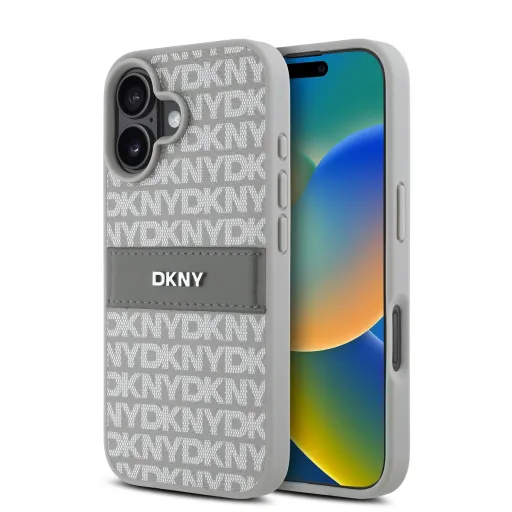 DKNY PU Bőr Mintás Tonális Csík Tok iPhone 16 Beige tok