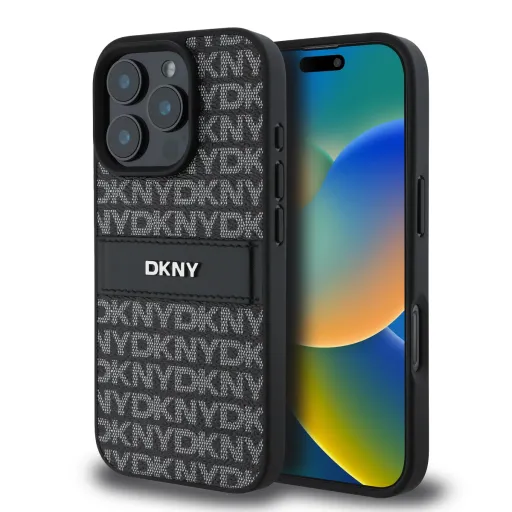 DKNY PU bőr ismétlődő minta tónusos csík tok iPhone 16 Pro Max fekete tok