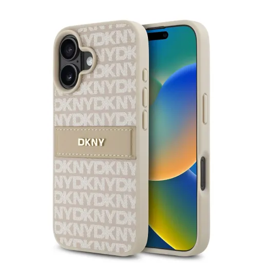 DKNY PU bőr ismétlődő mintájú tónusos csíkos tok iPhone 16-hoz rózsaszín