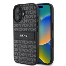 DKNY PU bőr ismétlődő mintájú tónusos csíkos tok iPhone 16-hoz fekete