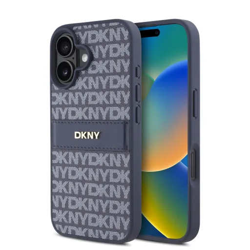 DKNY PU Bőr Tonális Csíkos Minta iPhone 16 Kék tok