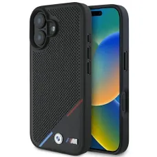 BMW M Perforated Tricolor Line MagSafe tok iPhone 16 Plus - Fekete