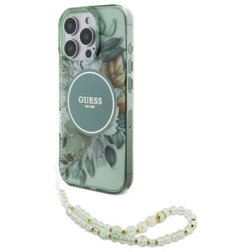 Guess IML Flowers Gyöngy Pántos MagSafe tok iPhone 16 Pro Max - zöld tok