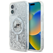 iPhone 16 Plus Priehľadný Karl Lagerfeld Liquid Glitter Karl & Choupette Head Magsafe obal