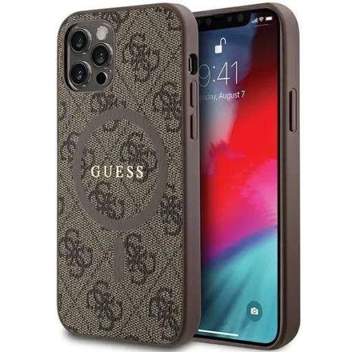 Guess 4G Collection Bőr Fém Logós MagSafe tok iPhone 12 Pro / iPhone 12 - Barna tok