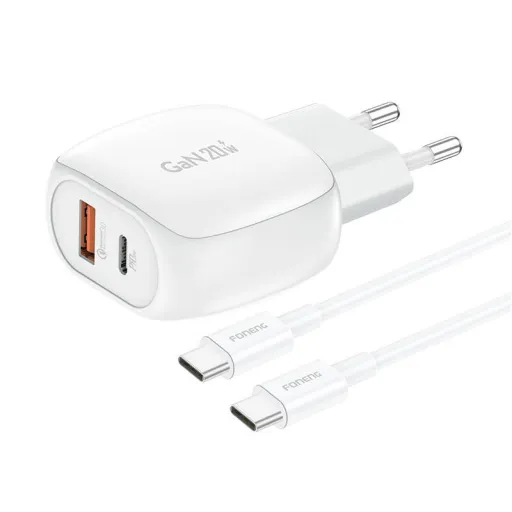 Töltő Foneng EU41 USB-C+ USB-A 20W + kábel USB-C-USB-C (fehér)