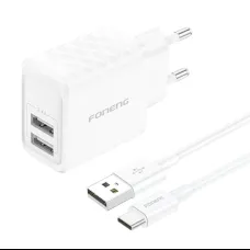 Foneng EU53 2xUSB-A, 2,4A hálózati töltő adapter (Fehér) + USB-C kábel