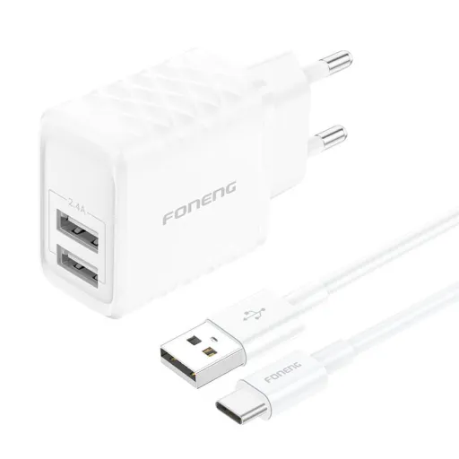 Foneng EU53 2xUSB-A, 2,4A hálózati töltő adapter (Fehér) + USB-C kábel