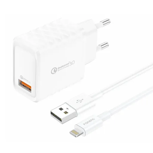 Foneng EU54 USB-A, 3A töltő (Fehér) + USB-A - Lightning kábel