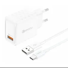Foneng EU54 USB-A, 3A hálózati USB töltő adapter (Fehér) + USB-A - USB-C kábel
