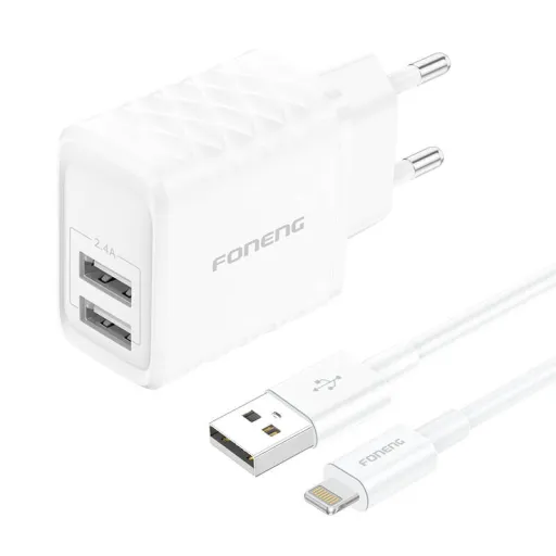 Foneng EU53 2xUSB-A 2,4A Fehér hálózati USB töltő adapter + USB-A - Lightning kábel