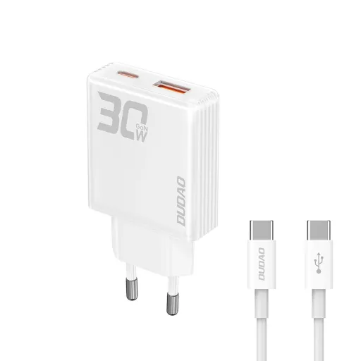 Dudao A30EUT 30W hálózati töltő USB-A / USB-C + USB-C - USB-C kábel - fehér