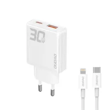 Dudao A30EUL 30W GaN hálózati töltő USB-A / USB-C + USB-C - Lightning kábel - fehér