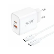 Foneng EU52 fali töltő - USB + Type-C - QC 3.0 PD 30W Type-C to Type-C kábellel fehér