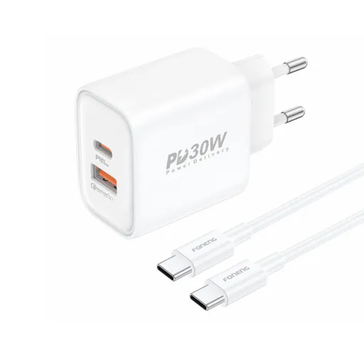 Foneng EU52 fali töltő - USB + Type-C - QC 3.0 PD 30W Type-C to Type-C kábellel fehér