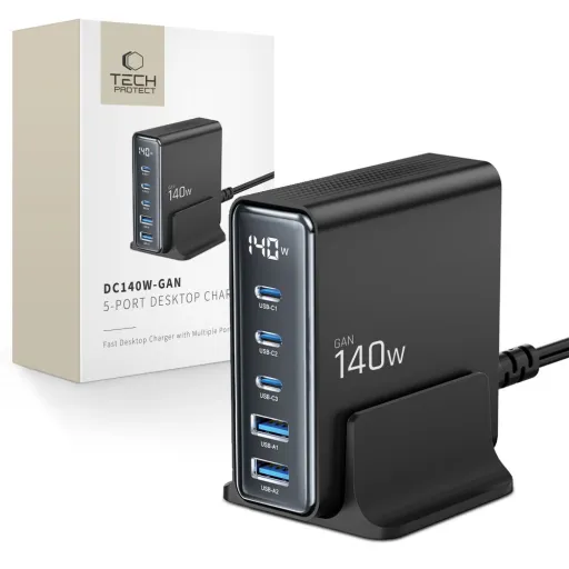 Tech-protect Dc140w-gan 5-port Asztali Töltő Pd140w/qc3.0 Fekete