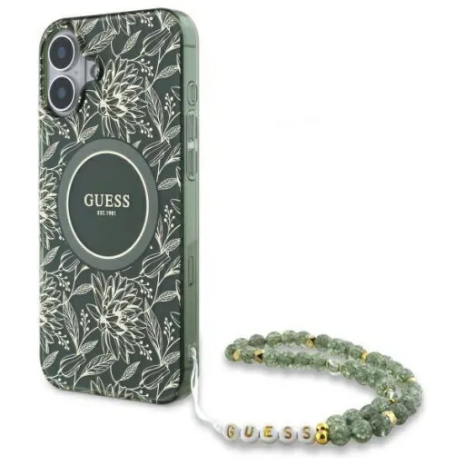 Guess IPHONE 16 PLUS fliptok Hardcase IML Flowers Allover Electro gyöngy szíjjal MagSafe zöld tok